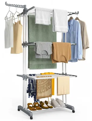 Produktbild von VOUNOT® 4 Ebenen Wäscheständer Turm mit Rollen 126x63x170 cm Grau-Weiß