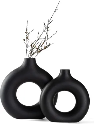 Produktbild von Set aus 2 mattschwarzen Keramik-Donutvasen im minimalistischen nordischen Stil für Pampas (groß + klein)