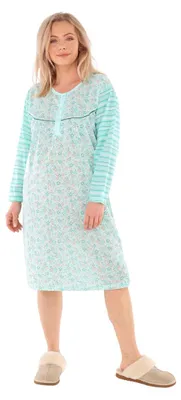 Produktbild von Nachthemd Damen langer Arm gestreift Nachtgewand Schlafhemd Nachtwäsche, Größe:XL, Farbe:Grün