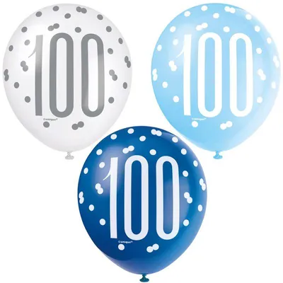 Produktbild von 6 Luftballons blau & silber Zahl 100