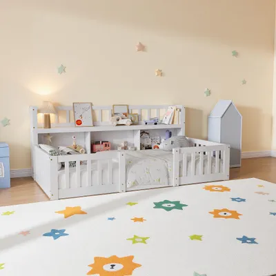 Immagine prodotto di Letto a terra INONEFT, 90x200 cm, lettino Montessori con protezioni laterali, testiera con libreria e spazio contenitivo, in legno massello di pino, senza materasso, colore bianco