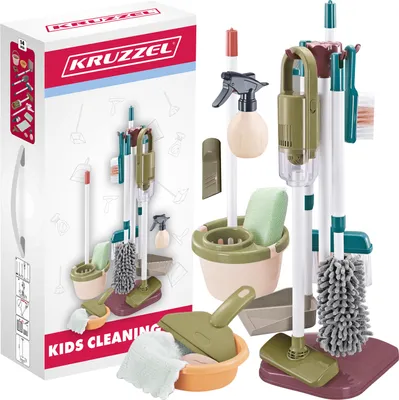 A toy cleaning set with various cleaning tools displayed on a white background.