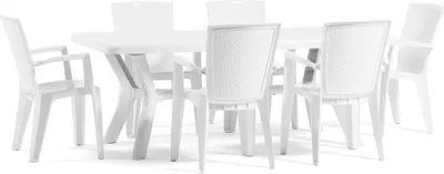 Image de Set de repas d'extérieur avec table rectangulaire 200x95 cm et 6 chaises empilables en résine - design moderne avec aspect rotin, idéal pour le jardin, la terrasse et les espaces extérieurs couverts - SAMUEL+DIANA - Blanc
