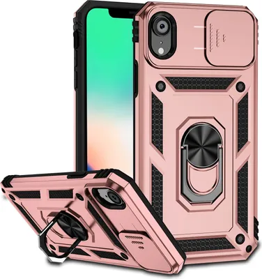 Produktbild von iPhone XR Hülle mit Schiebe Kamera Schutz und Ringhalter Ständer Robust Rüstung Schutzhülle für iPhone XR Rosa