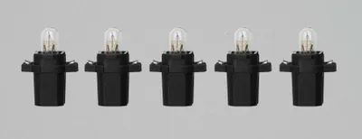 Five small light bulbs with black bases are arranged in a row against a plain gray background.