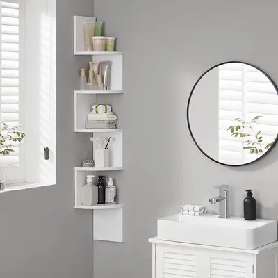 Produktbild von Famanu Eckregal mit 5 Ebenen, weiß, schwebendes Wandregal für Wohnzimmer, Büro oder Schlafzimmer