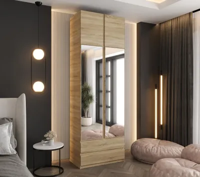 Produktbild von Drehtürenschrank 240x70x48 cm Eiche Sonoma mit 2 Spiegeln, Aufsatz und 2 Schubladen – Moderner Kleiderschrank ideal für Schlafzimmer und Flur