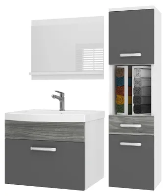 Image de Ensemble de meubles de salle de bain BELINI PRI PM3, 90 cm, gris, finition glamour haute brillance. Armoire de salle de bain moderne avec vasque et miroir, entièrement équipée, à fixer au mur