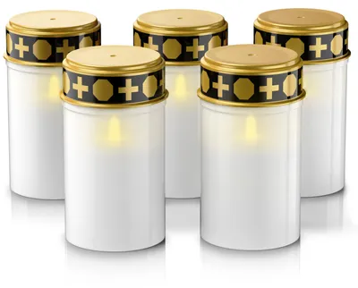 Produktbild von Bearware LED-Grabkerze 5er Set batteriebetrieben mit Flackereffekt und warmweißem Licht 3000 K, Leuchtdauer rund 4 Monate je Batteriesatz, wetterfest, Grablicht, 5 Stück, weiß