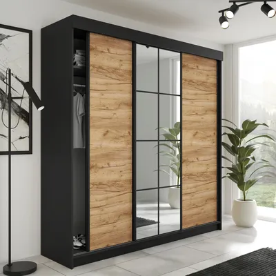 Produktbild von FurMeb24 3-türiger Schiebetürenschrank LAMER 200x205 cm Kleiderschrank mit Spiegel (Schwarz + goldene Eiche)