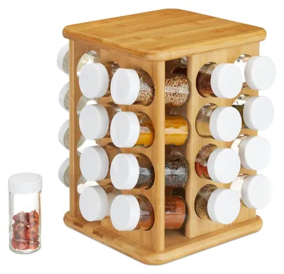 Produktbild von Gewürzkarussell Gewürzregal drehbar - 32 Gläser - Glas - Bambus - 100 ml - Für die Küche