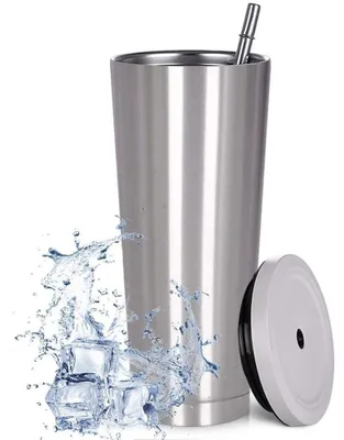 Produktbild von 750-ml-Reisebecher, doppelwandiger Edelstahlbecher, vakuumisolierte Wasserflasche, isolierter Wasser- und Kaffeebecher, doppelwandiger Becher mit Strohhalm, Bürste und Deckel, Silber