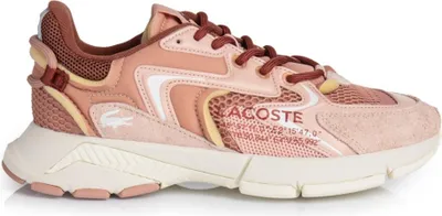 A single pink Lacoste sneaker is shown from the side against a white background.
