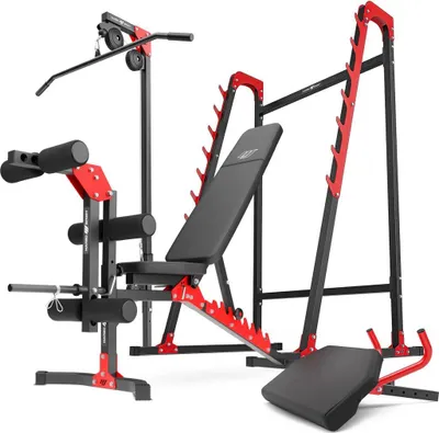 Image de Marbo Sport set MH26 | banc de musculation MH-L115 + support pour haltères longs MH-S204 + entraîneur de jambes MH-A102 + station de traction latissimus MH-W104 + pupitre de curl MH-A101
