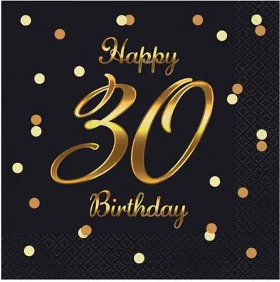 Immagine prodotto di Tovaglioli Happy 30th Birthday neri, 33 cm 20 pz