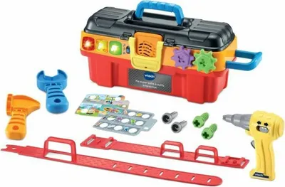 A Vtech interactive toolbox set with various tools and accessories laid out.