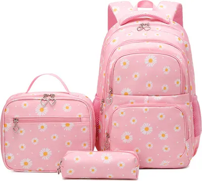 Produktbild von Schulrucksack Mädchen Teenager Damen Schultasche Rucksack Set Gänseblümchen Schulranzen mit Lunchpaket Tasche und Mäppchen, rosa, Gänseblümchen