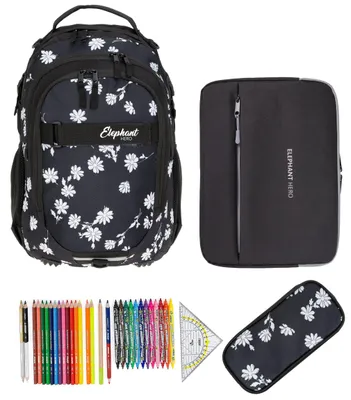 Produktbild von Schulrucksack Elephant Hero Signature 4 Teile Set Mädchen Schultasche + Mäppchen Box + Laptophülle + 31 tlg. Stifteset  12842 Black Flower +rmlv