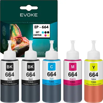A box of printer ink cartridges and five individual ink bottles are displayed against a white background.