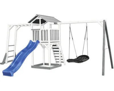 Image de AXI Beach Tower Tour de jeux en bois en blanc & gris | Maison de jeux pour enfants avec toboggan bleu, portique d'escalade, balançoire nid d'abeille et bac à sable | Maison sur pilotis