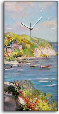 Produktbild von Leinwand Uhr Küche Wohnzimmer Bild 30x60 Landschaft Boote Küste Meeresufer - weiße Hände