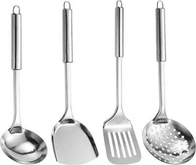 Immagine prodotto di Set di 4 utensili da cucina Unyqoos® in acciaio inossidabile: spatola per wok, mestolo forato, cucchiaio per zuppa e schiumarola. Resistenti al calore, lavabili in lavastoviglie, con manici cavi isolanti