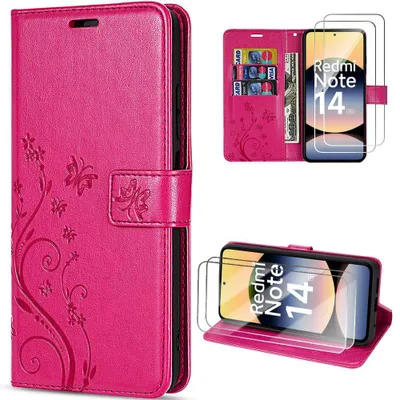 Image de Coque et 2 Verres Trempés pour Xiaomi Redmi Note 14 5G, Protection Synthécuir Motif Papillon Fleur Fuchsia