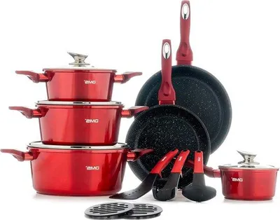 Immagine prodotto di Set di pentole a induzione - Utensili da cucina - Set di pentole - Padella - Pentola - Pentola per stufati - Coperchio in vetro - Articoli per la casa - Rondelle - Rivestimento in marmo - Lavabile in lavastoviglie - Set di pentole rosso