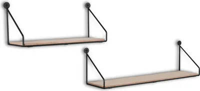 Two wall shelves with black metal frames and wood-look shelves against a white background.