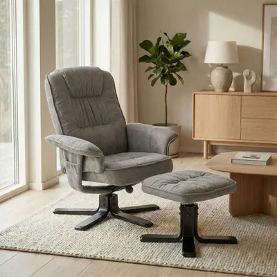 Produktbild von Relaxsessel CHARLY mit Hocker drehbar neigungsverstellbar grau [Max. Belastbarkeit 100 kg] für Wohnzimmer, TV-Sessel Fernsehsessel mit Liegefunktion Polstersessel und Hocker