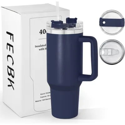 Image de Gobelet isotherme avec paille et anse, 1,2L, bleu marine, en acier inoxydable, isolation sous vide, conserve les boissons chaudes pendant 12 heures et froides pendant 34 heures, lavable au lave-vaisselle