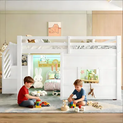 Image de Lit superposé avec escalier de rangement et fenêtre, dimensions 140x200, en bois de pin, couleur blanche