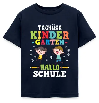 Produktbild von Spreadshirt Tschüss Kindergarten Hallo Schule Einschulung Kinder T-Shirt, 122/128 (7-8 Jahre), Navy