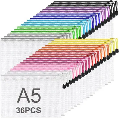Zdjęcie produktu dla Kolorowe teczki na dokumenty formatu A5 z siateczkowymi kieszeniami i zapięciem