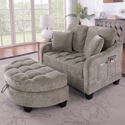 Produktbild von okwish 2-in-1 Schlafsofa mit Aufbewahrungs-Hocker, Relaxsessel mit rutschfeste Kunststoffbeine, Wohnzimmersofa in Braun