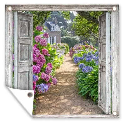 Produktbild von Gartenposter mit Durchsicht – 100x100 cm – Blühende Hortensie – Gartentuch für den Außenbereich – Extra stabile Ösen – Verleiht Zäunen und Balkonen eine besondere Note