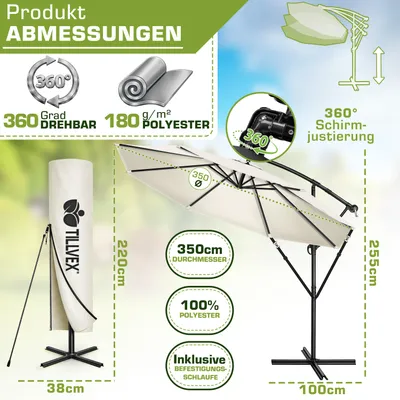 Produktbild von tillvex Sonnenschirm Beige Ø 350 cm Ampelschirm Gartenschirm Marktschirm Kurbel Balkon Alu Neigbar Beige - Ø350cm