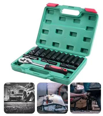 Imagen del producto de Juego de llaves de impacto, con accionamiento de 1/2 pulgada, fabricadas en acero cromo-molibdeno, 14 piezas, incluye vasos de diferentes tamaños (de 8 mm a 24 mm), y viene en un estuche de almacenamiento de plástico