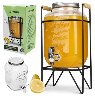Zdjęcie produktu dla Słój na Stojaku z Kranikiem 4L na Lemoniadę Wodę Podstawka z Uchwytami Słoik