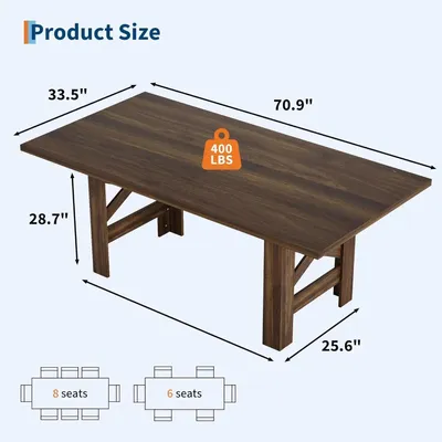 Image de Grande table de salle à manger - Table rectangulaire pour 6 à 8 personnes - Style rustique de campagne - Gain de place - Structure en bois - Noyer