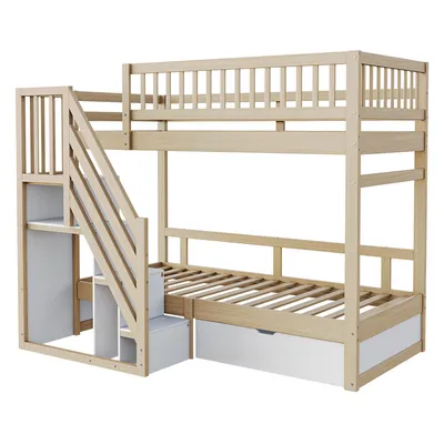 Image de OKWISH Lit Superposé 90x200 cm - Lit Double avec Échelle et Rangement, Pin Massif et MDF, Sans Matelas - Naturel