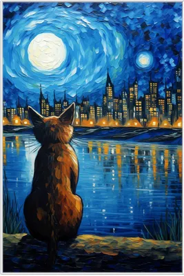 Produktbild von Wallario Wandbild Katze im Mondschein, Größe: 61 x 91,50 cm, Poster mit weißem Aluminiumrahmen
