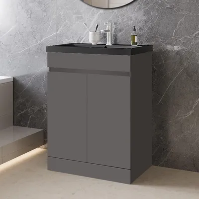 Produktbild von 60cm Badmöbel-Set Standschrank Schwarz Mineralguss waschtisch mit Unterschrank Badezimmerschrank mit Tür soft-close Anthrazit Matt Selbstmontierter