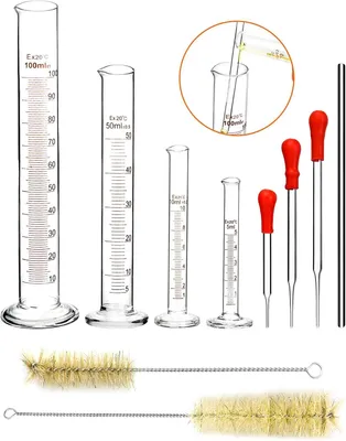Produktbild von 4 Stücke Laborzylinde Messzylinder Glas mit 3 Pcs Glaspipetten, 2 Pcs Bürst für Reagenzglas, 1 Pcs Glasrührstab
