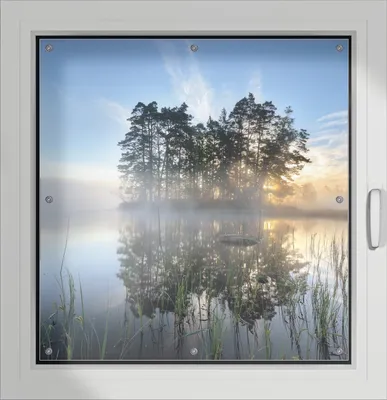 Produktbild von Wallario Lichtschutzbild, Dekorativer Sichtschutz Sonnenschutz 96 x 93 cm mit Motiv: Stiller See mit Insel im Morgennebel - Verdunklung ohne Bohren