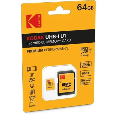 Product packaging for a Kodak microSDXC memory card.