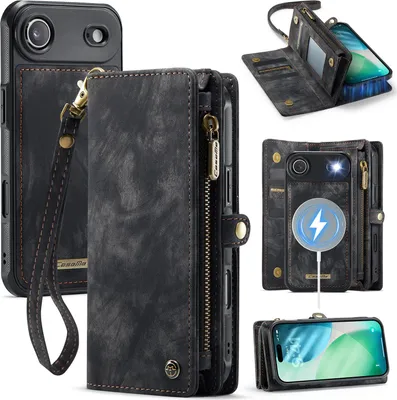 Image de Housse de protection pour iPhone Air, étui en cuir vintage multifonctions, porte-cartes, étui zippé Noir