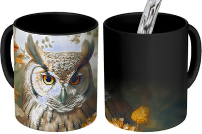 Obrázok produktu pre KitchenYeah® Magický hrnček Magický hrnček Magická sova - Vtáky - Kvety - Príroda 350 ml hrnček na zmenu farby nápad na darček - magický hrnček - fotohrnček - keramické hrnčeky - obrázky - hrnček na kávu - nápoj