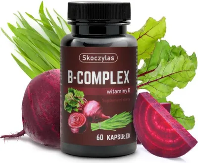 A bottle of B-Complex vitamins is shown with beets and beet greens.
