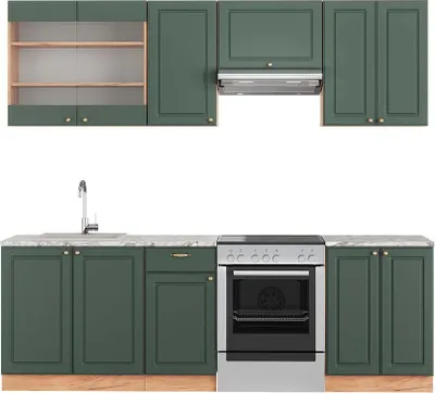 Produktbild von Küchenzeile Vicco Fame-Line Grün-Gold Landhaus/Goldkraft Eiche 240 cm , AP Marmor, Model 42639